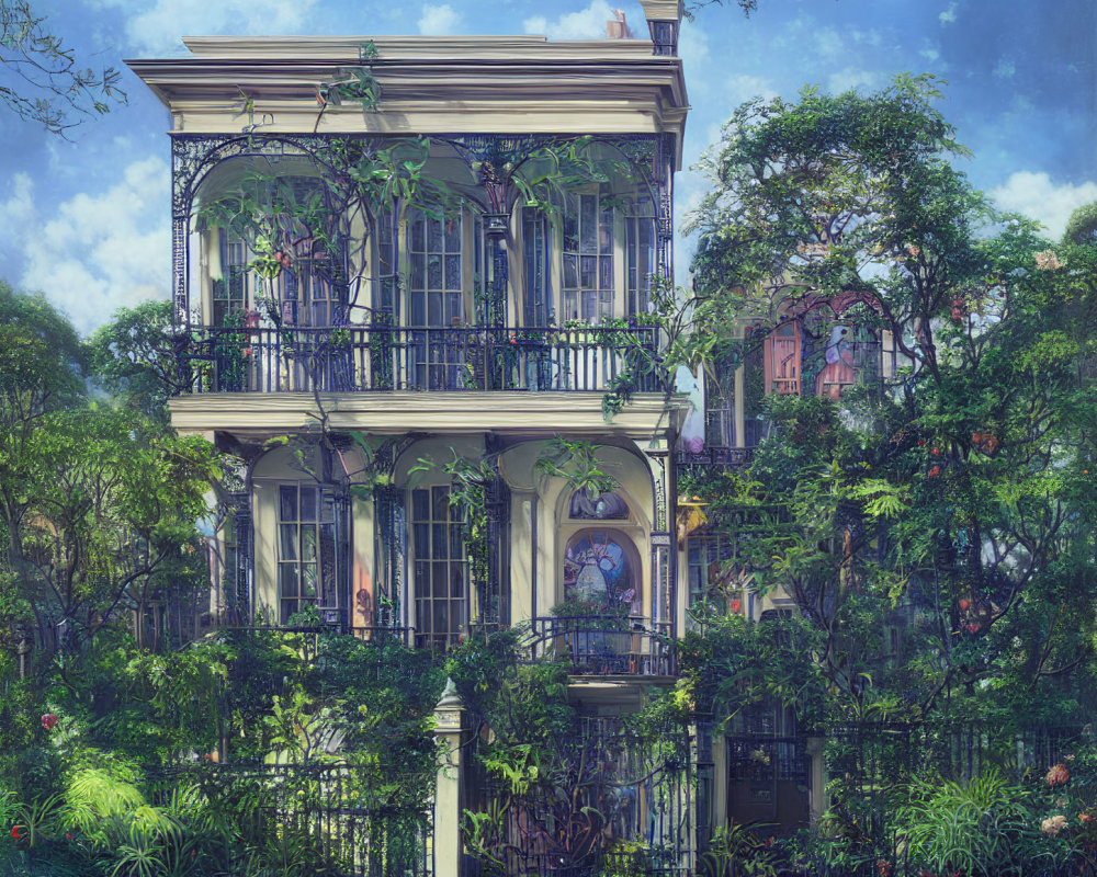 Vintage two-story house with iron balconies in lush greenery under clear blue sky.