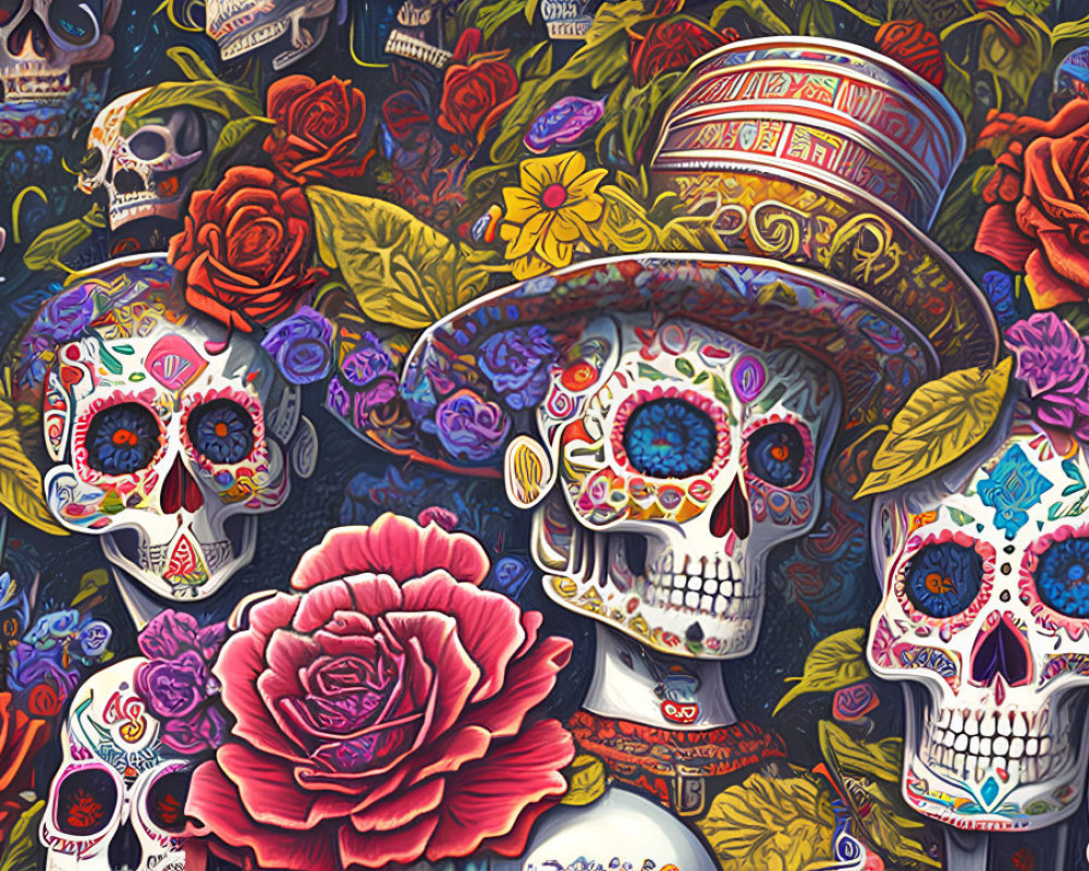 Vibrant Day of the Dead Illustration with Skulls, Roses, and Sombrero