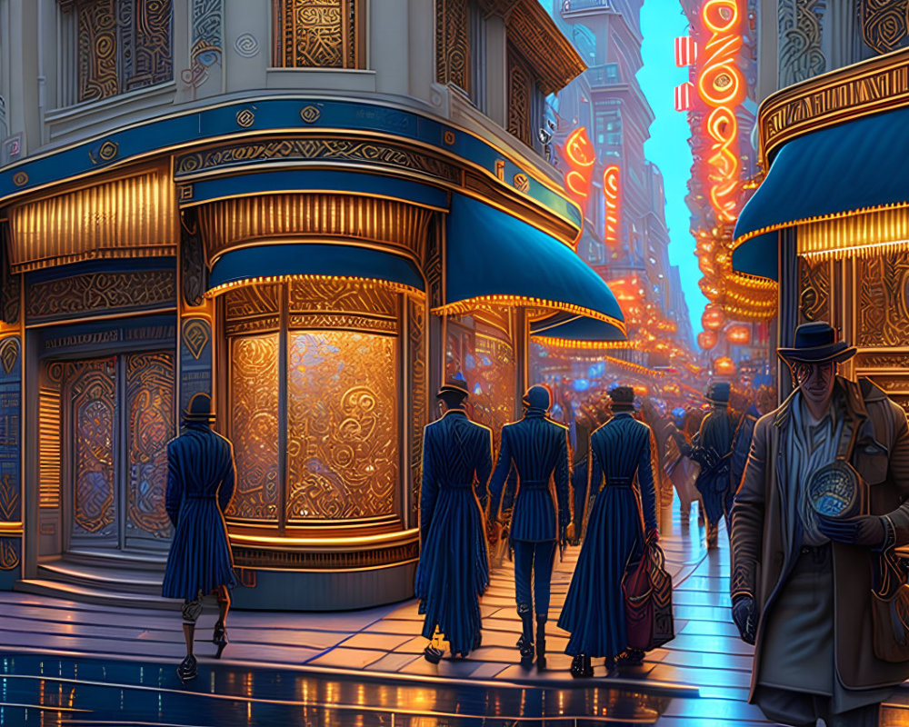 Futuristic city street at dusk with neon signs & stylish pedestrians