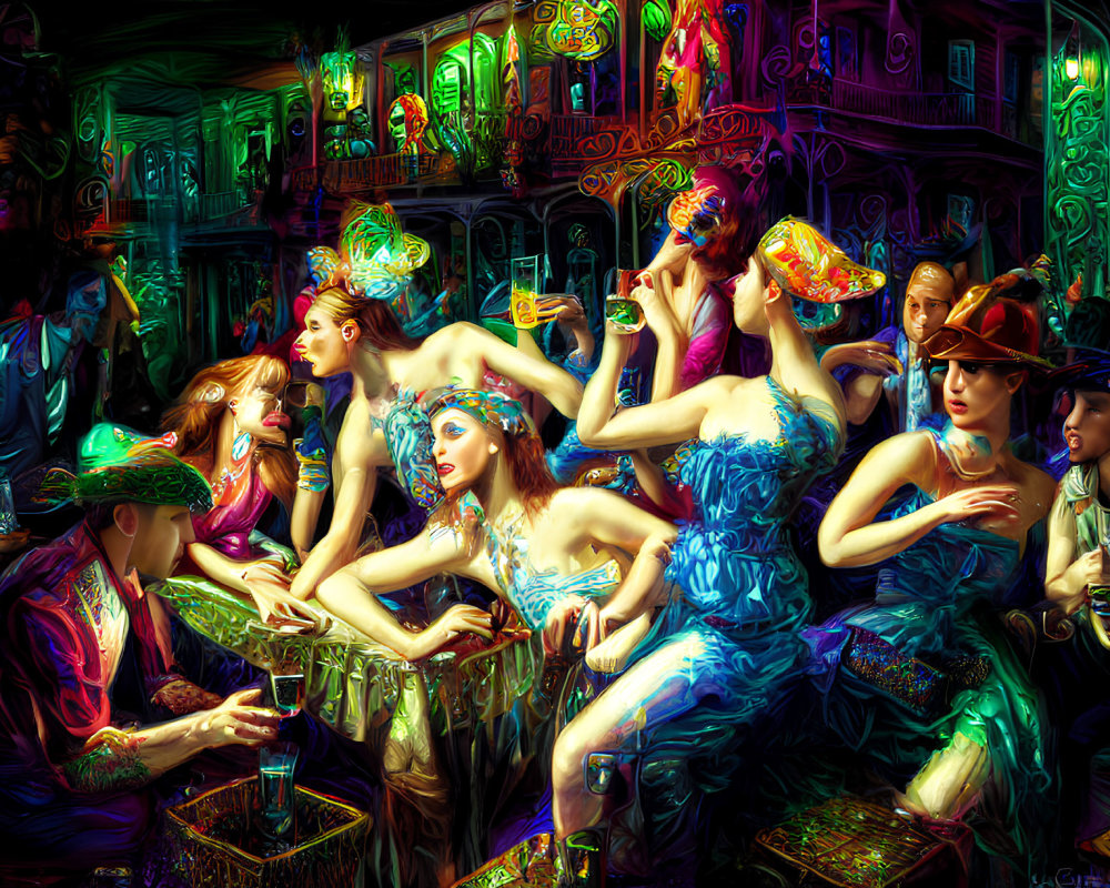 Colorful Painting of Elegantly Dressed People in Bar Scene