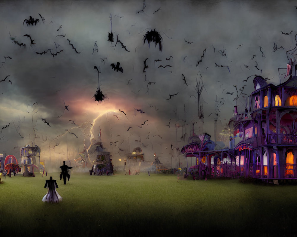 Gothic scene with silhouetted figures, haunted houses, bats, and lightning