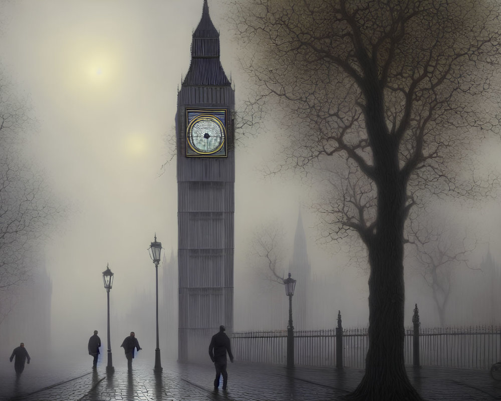 Foggy urban scene with silhouetted figures near Big Ben clock tower