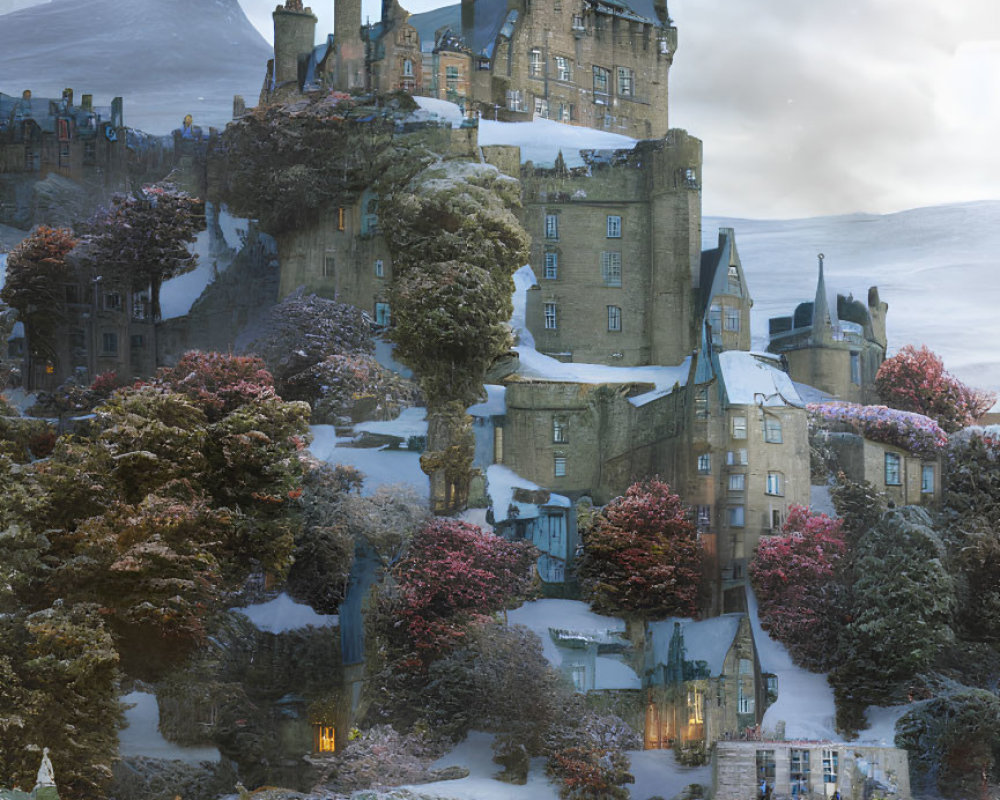 Snowy hill castle with autumn trees, frozen waterfall, and twilight sky