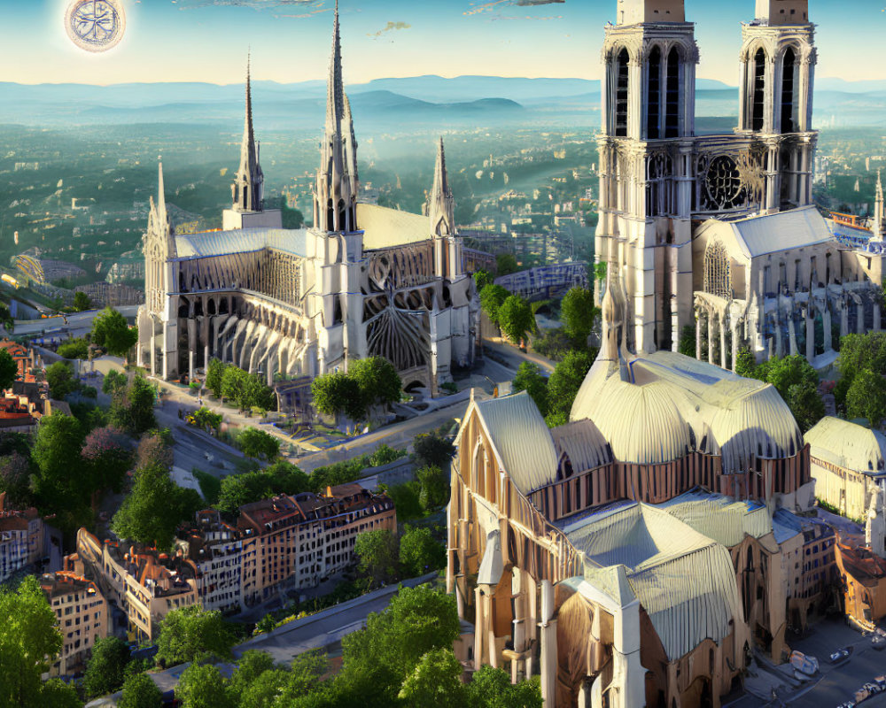 Grand cathedral with double spires and intricate architecture in aerial view