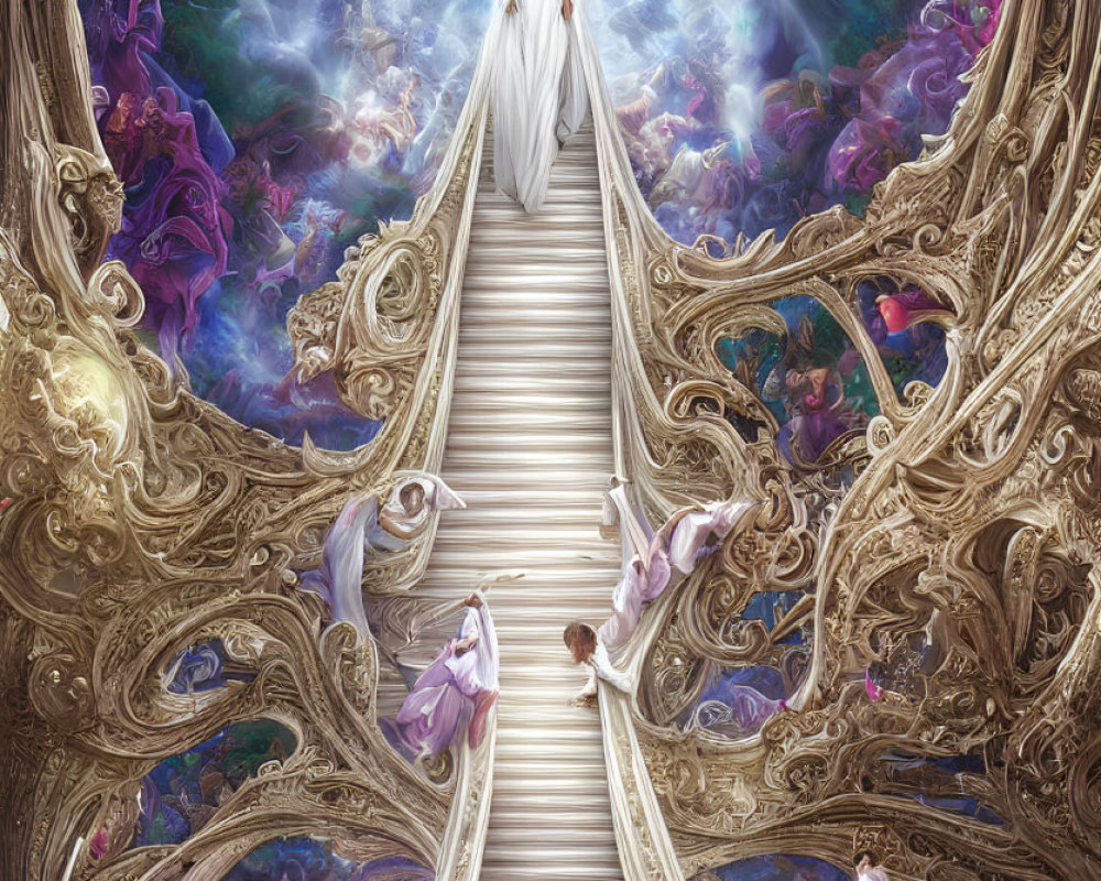 Surreal painting of figure on white staircase with swirling clouds