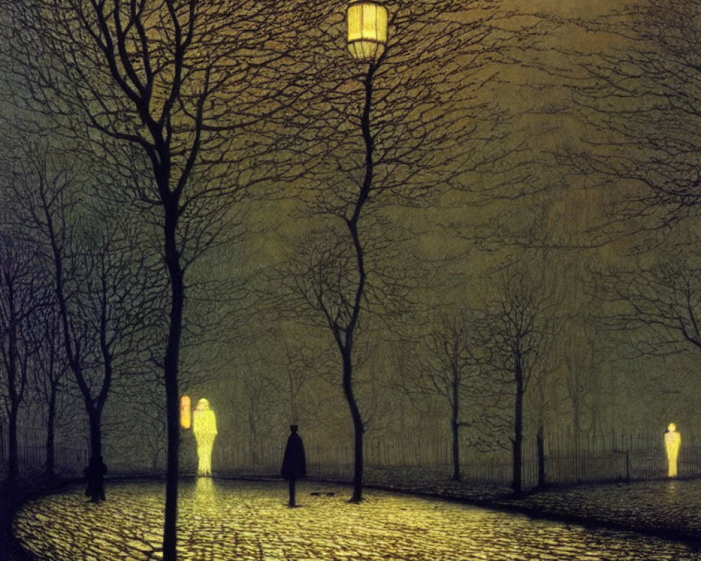 Vintage-style illustration of dimly lit park at dusk with bare trees and cobblestone path