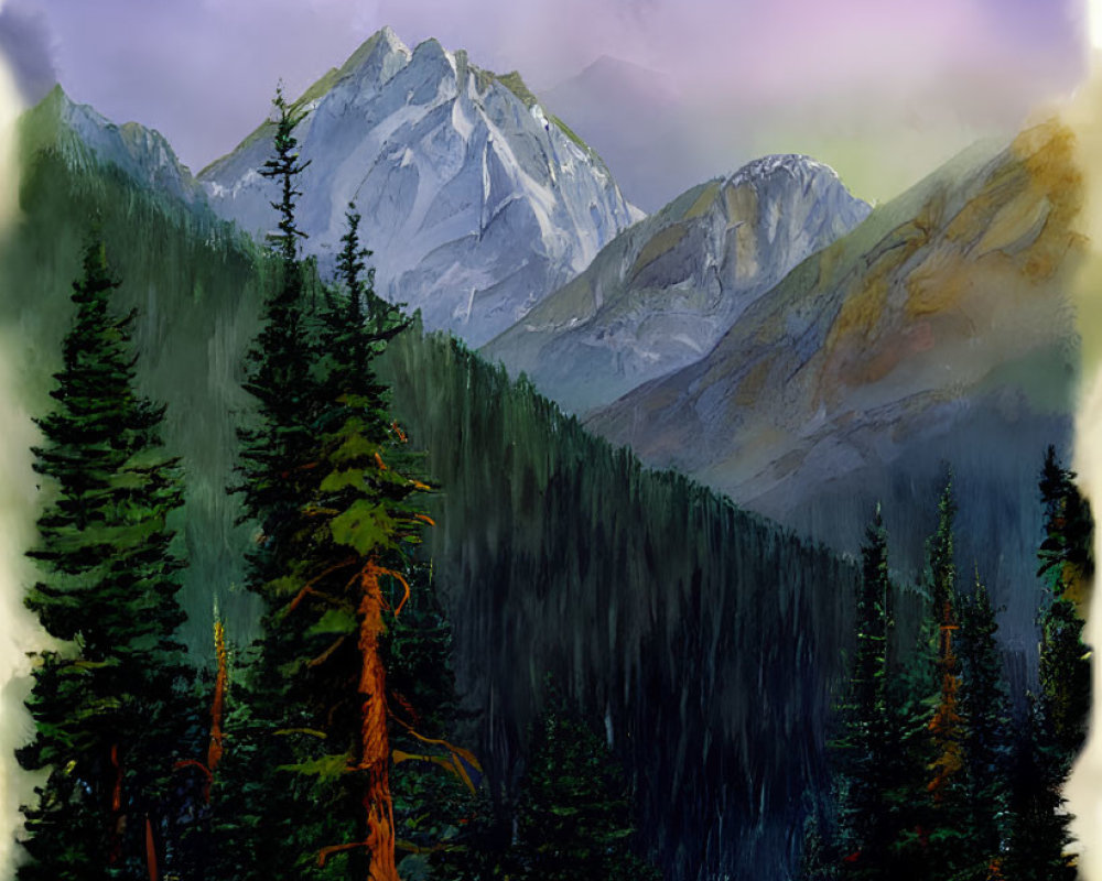 Purple Peaks Mountain Landscape Watercolor Art