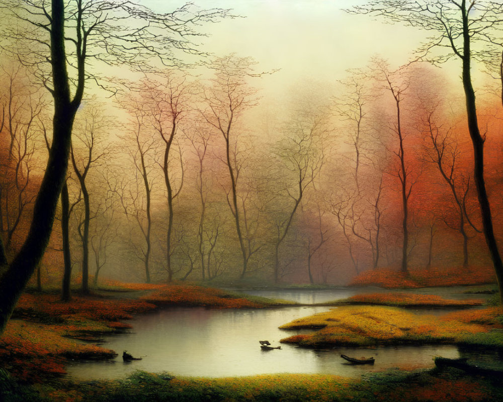 Tranquil autumn pond with ducks, misty trees