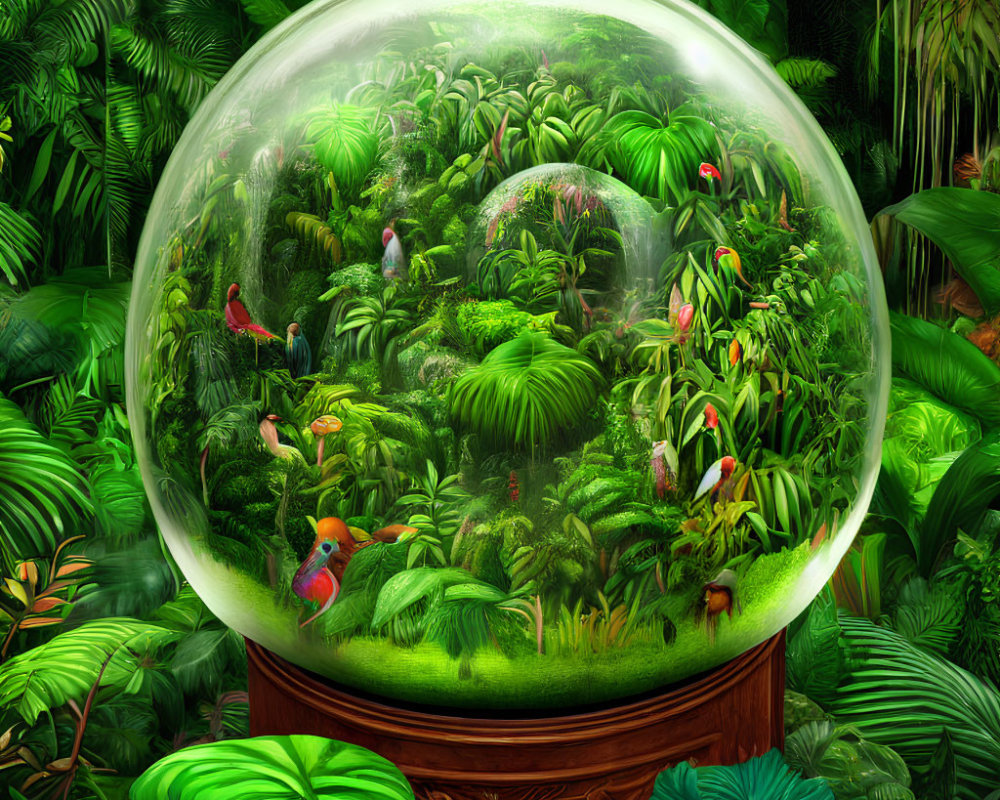 Colorful birds in lush green terrarium forest