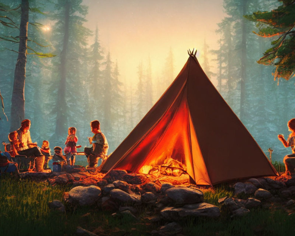 Group of People by Campfire Near Teepee in Forest Clearing at Dusk