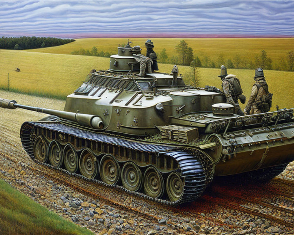 WWII-era tank with soldiers in rural landscape