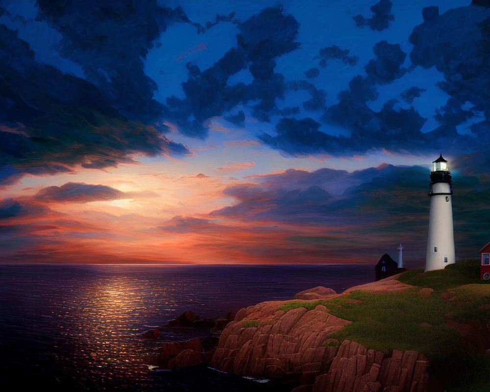 Lighthouse on rocky coastline with red-roofed building at sunset