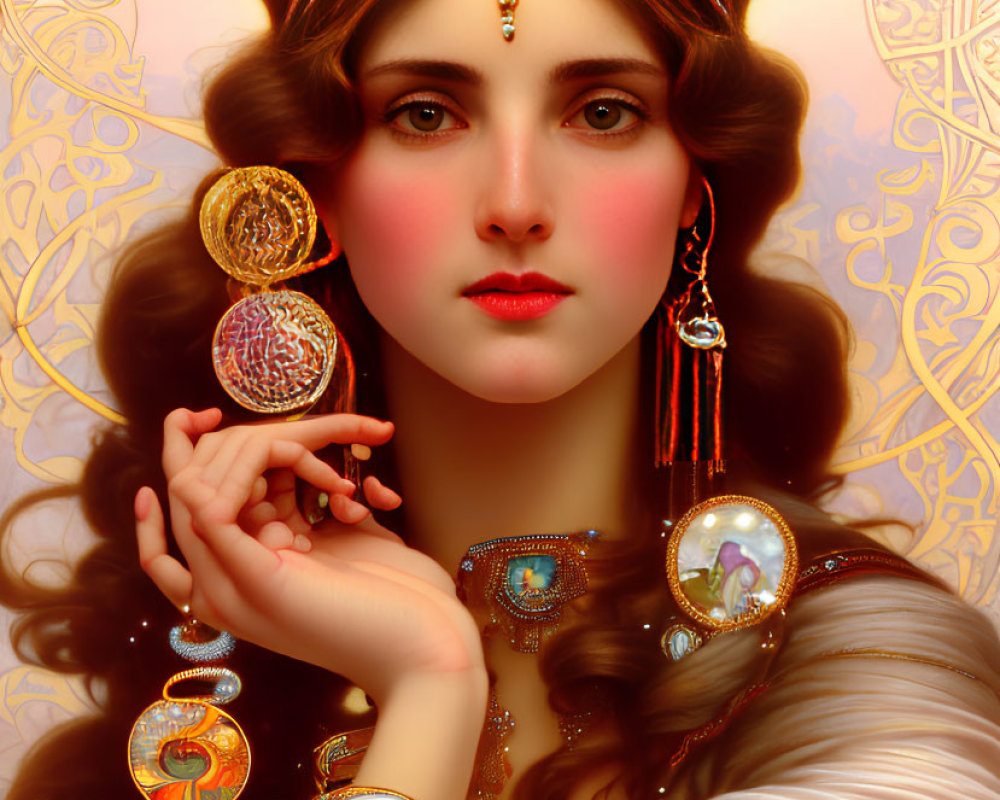 Portrait of Woman in White Dress with Golden Jewelry and Decorative Headpiece