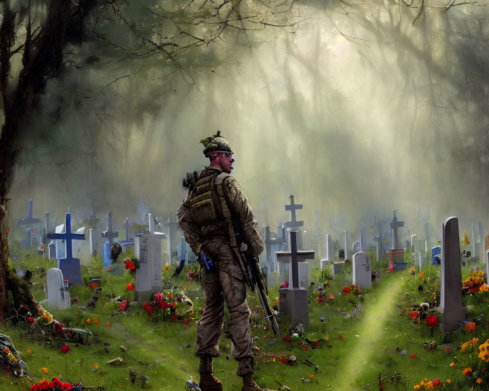 Soldier walking in misty cemetery with gravestones under sunlight