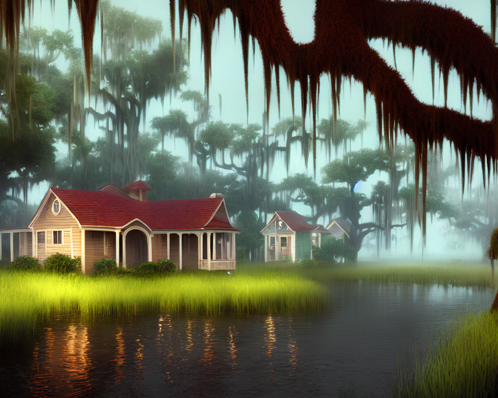 Tranquil lakeside scene with single-story house and moss-draped trees