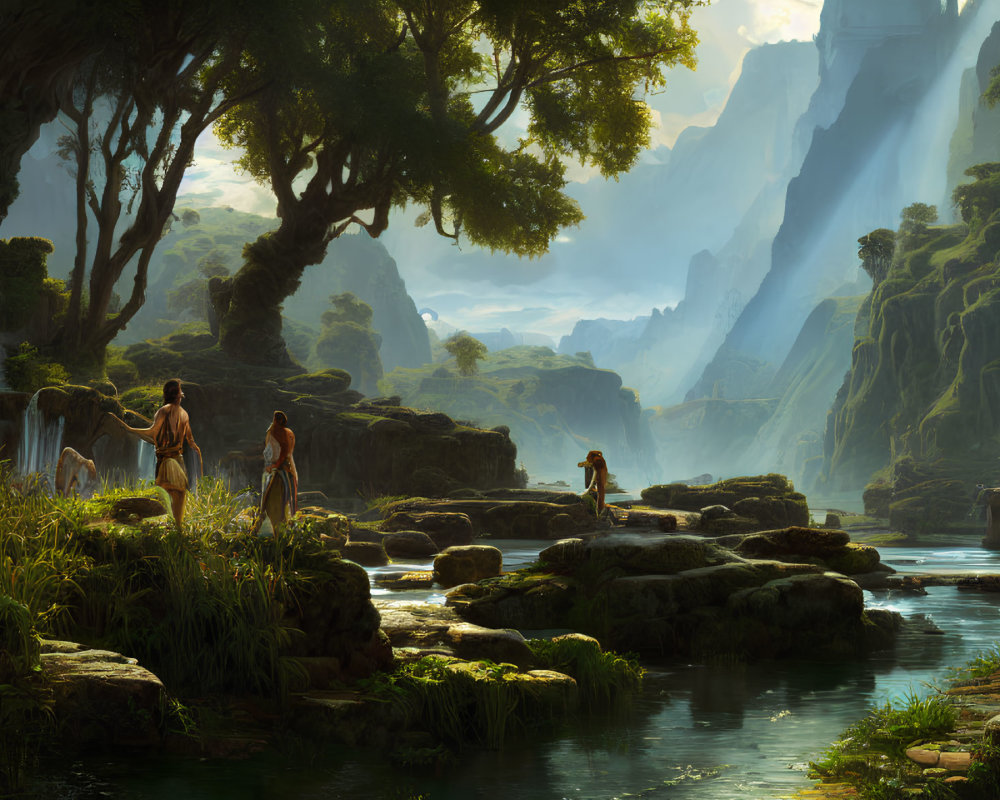 Tranquil fantasy landscape with lush greenery, waterfalls, and explorers