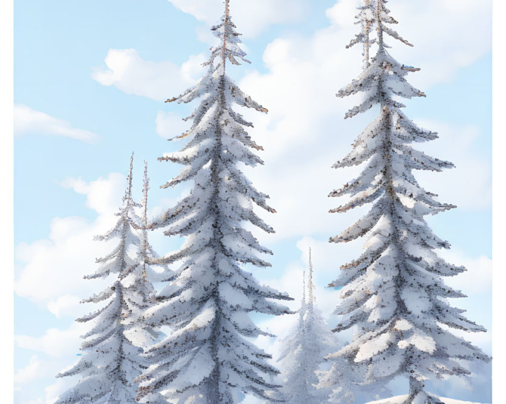 Snow-covered fir trees in serene winter scene under clear blue sky