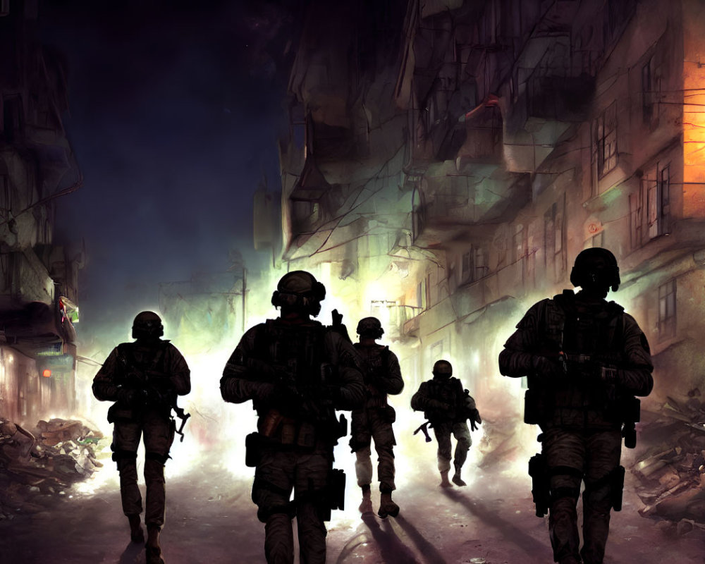 Soldiers in gear walk through dystopian cityscape at night