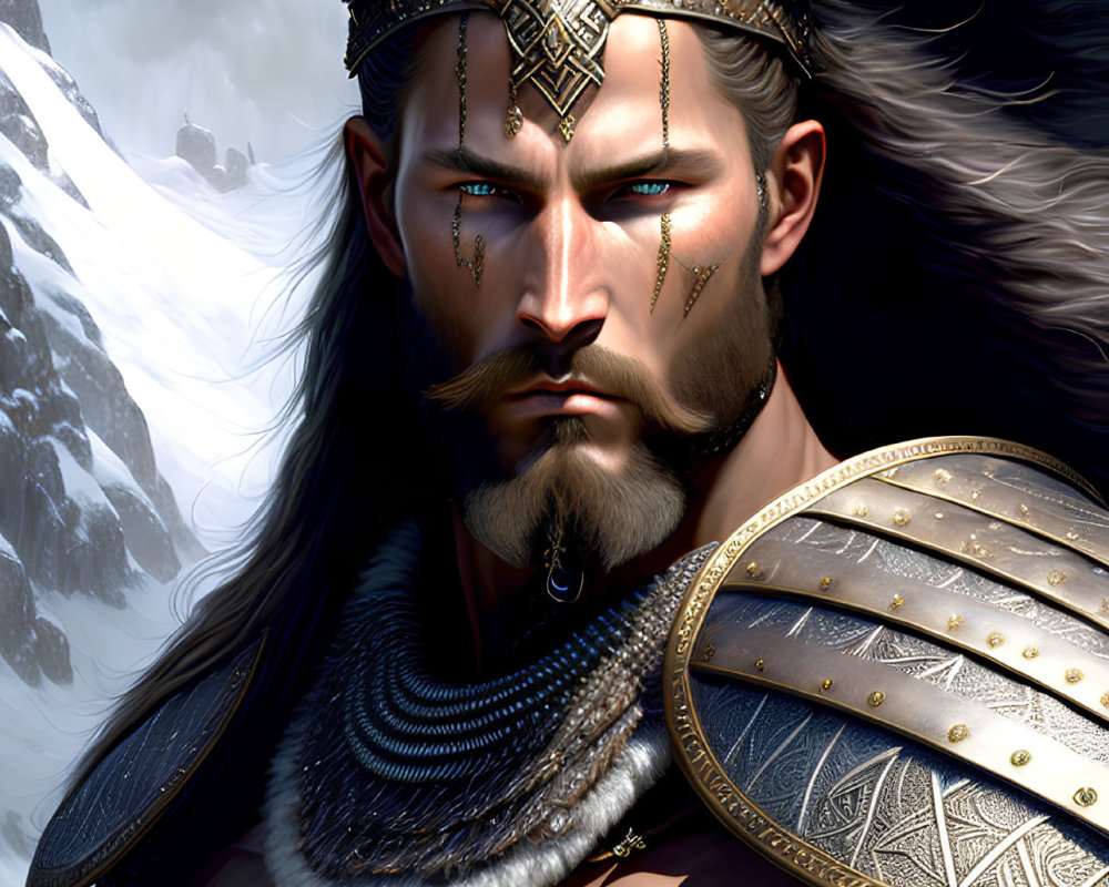 Detailed illustration of bearded fantasy warrior in horned helmet with ornate armor, snowy mountain backdrop