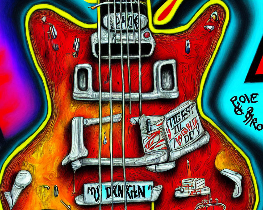 Vibrant electric bass guitar artwork with graffiti and stickers on abstract background