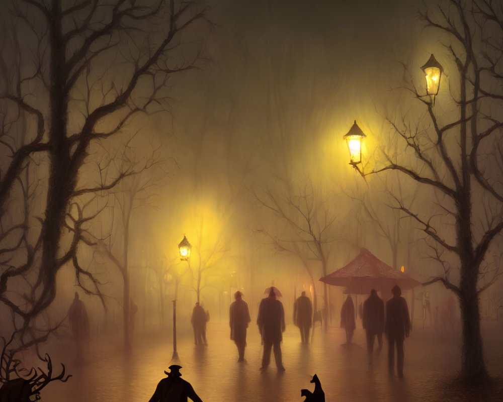 Misty park scene with silhouetted figures, vintage street lamps, bare trees, and a