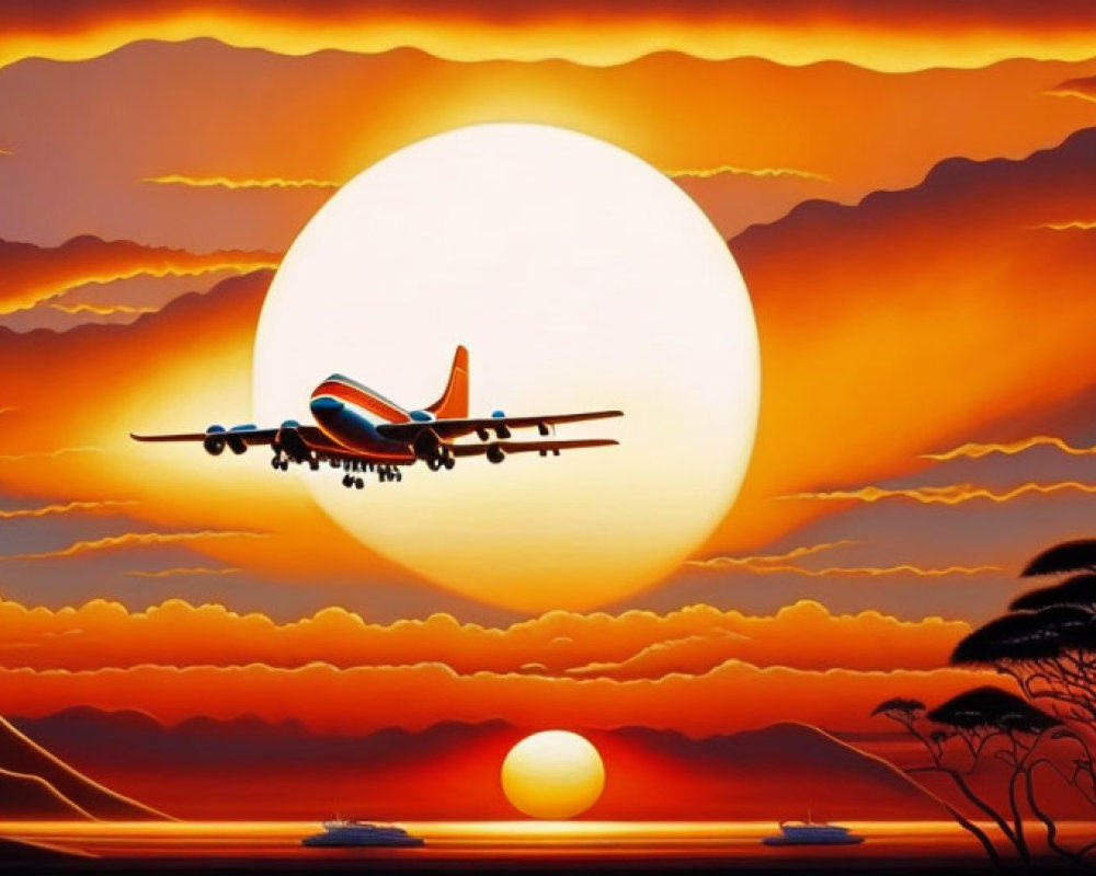 Airplane flying in vibrant sunset with orange clouds over silhouetted mountains and trees.