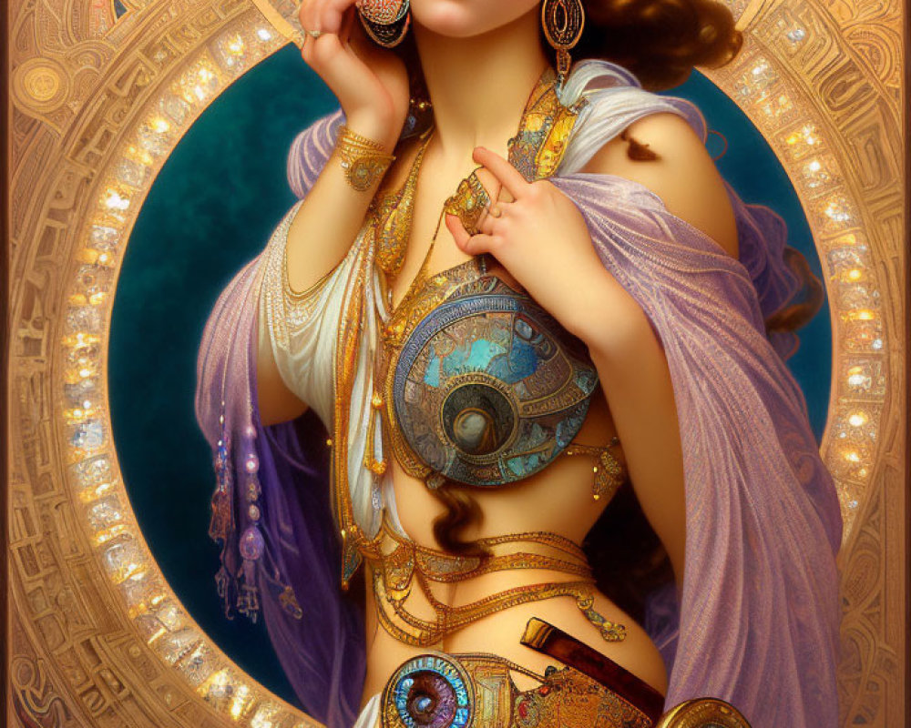 Art Nouveau-inspired woman in ornate attire with gold jewelry against circular backdrop