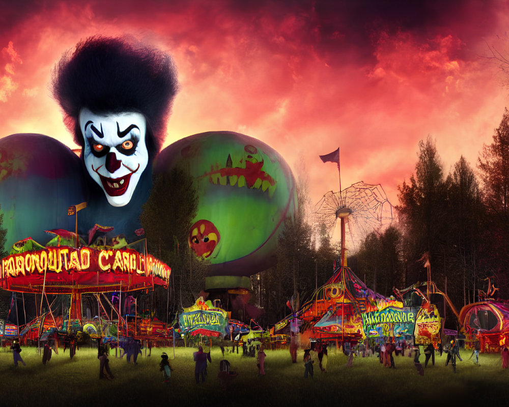 Eerie carnival scene at dusk with clown-faced entrance & haunted attractions