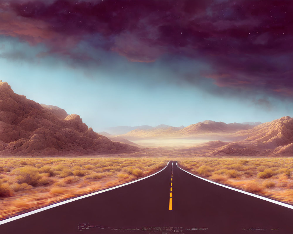 Desolate desert landscape with rocky mountains and colorful sky