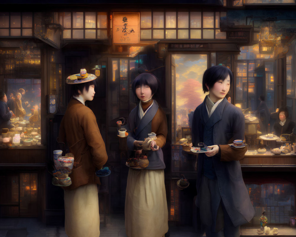 Three People in Traditional Attire Walking Through Busy Street with Tea and Treats