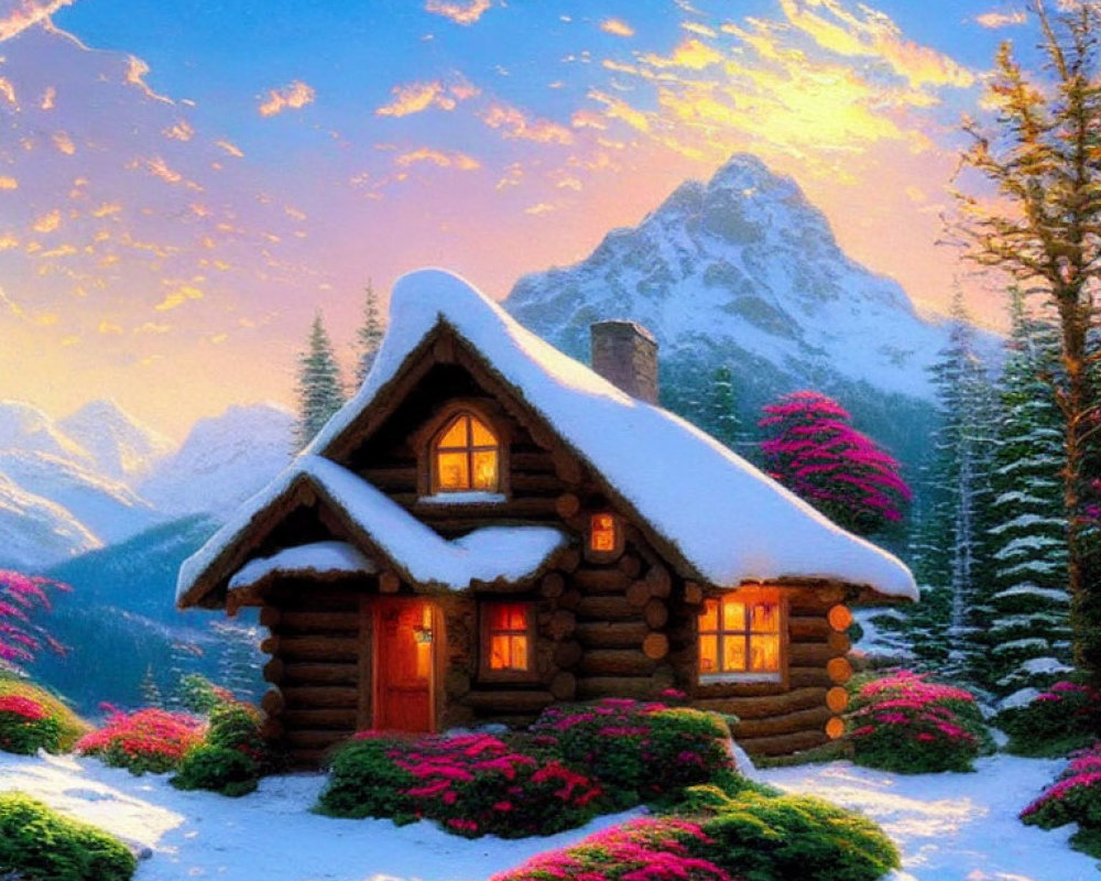 Snow-covered log cabin with pink flowers and sunset mountain backdrop