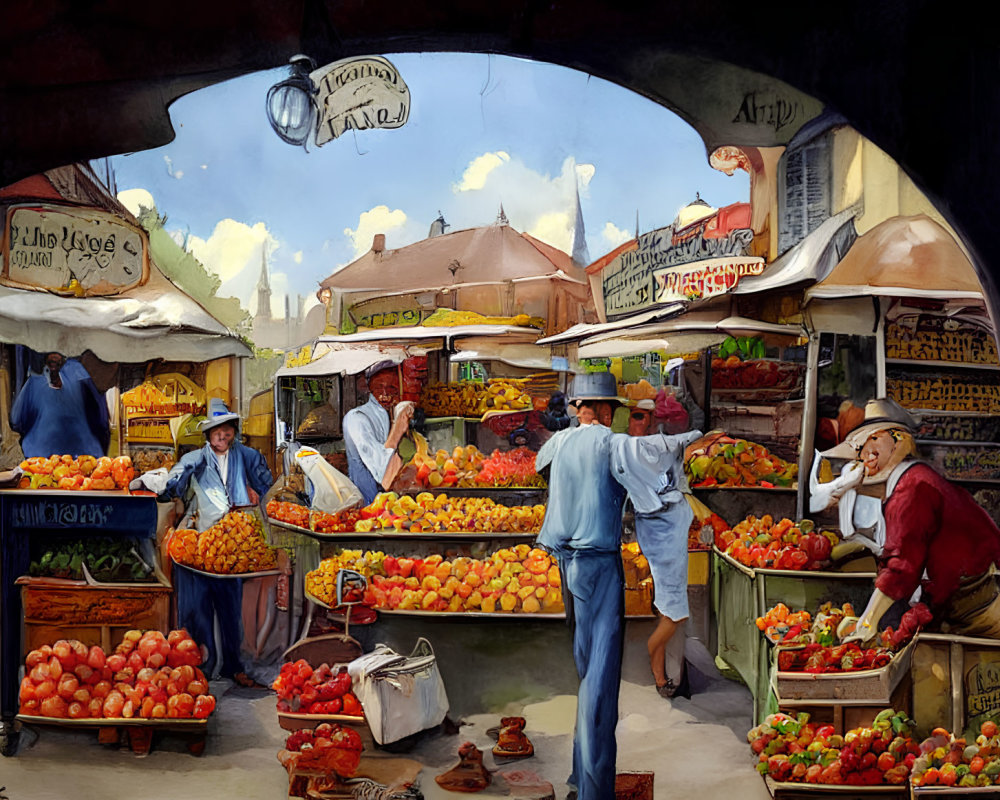 Colorful market scene with vendors selling fresh produce.