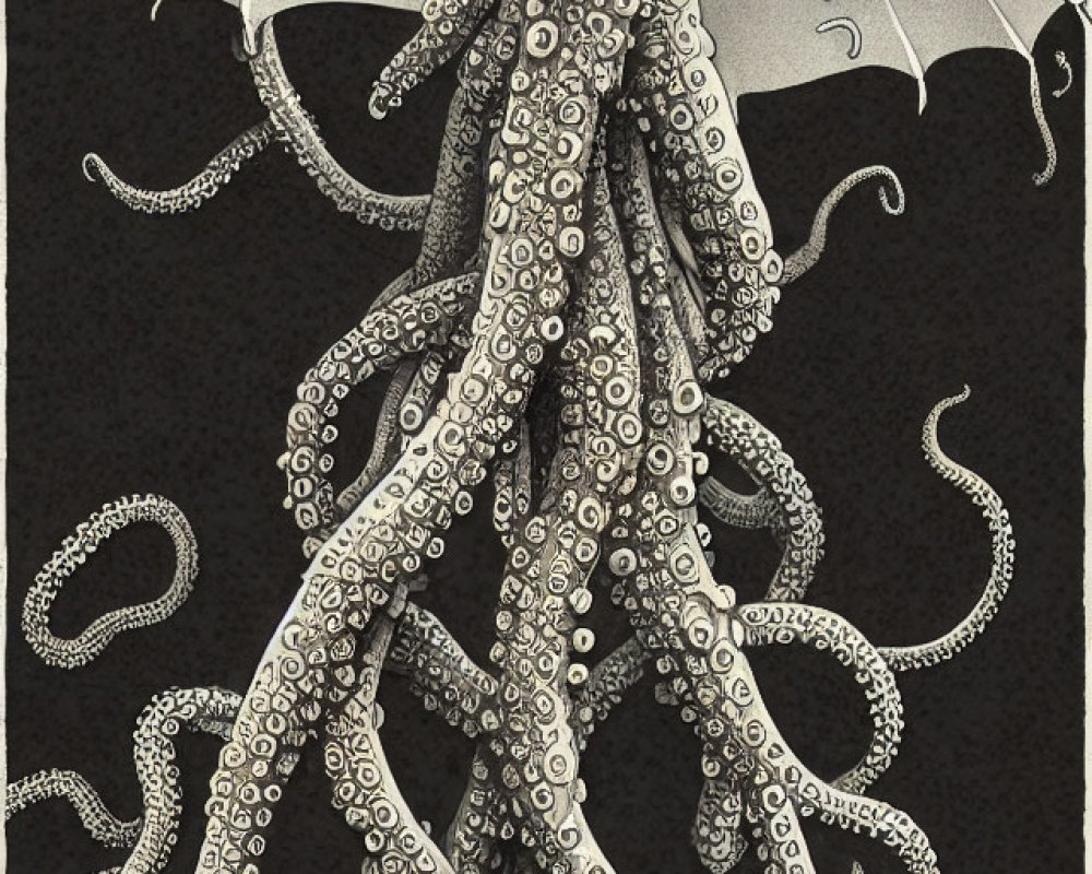 Intricately detailed octopus with white umbrella on black background