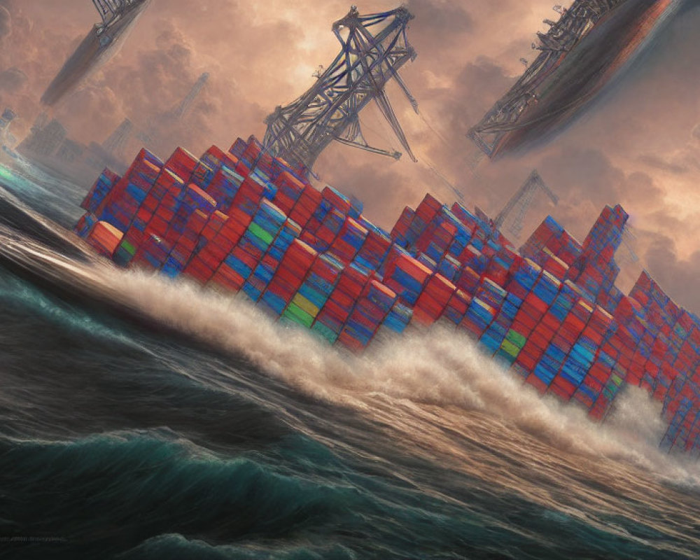 Colorful Cargo Ship Sailing Through Turbulent Seas