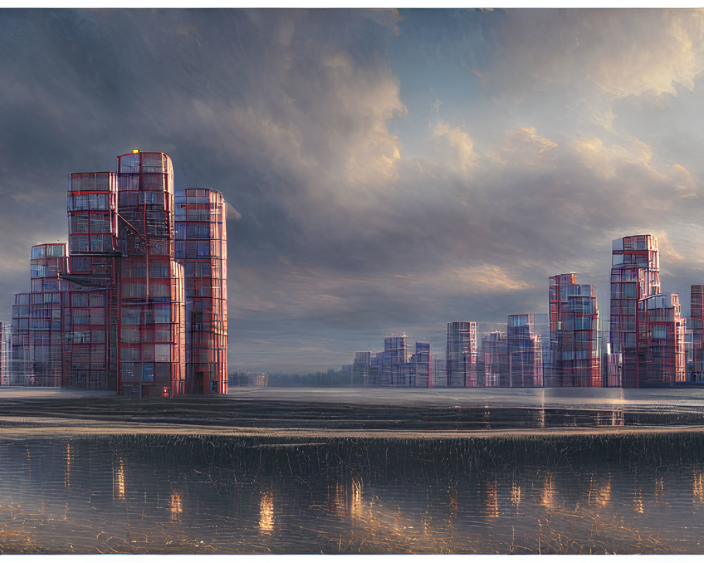 Futuristic cityscape with cylindrical structures under dramatic sunset sky