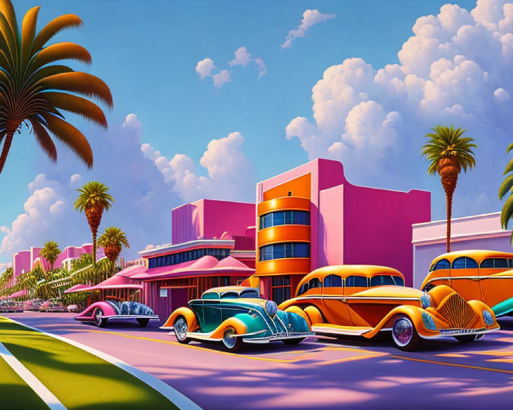 Vintage car lineup by 1950s diner under palm trees in colorful retro illustration