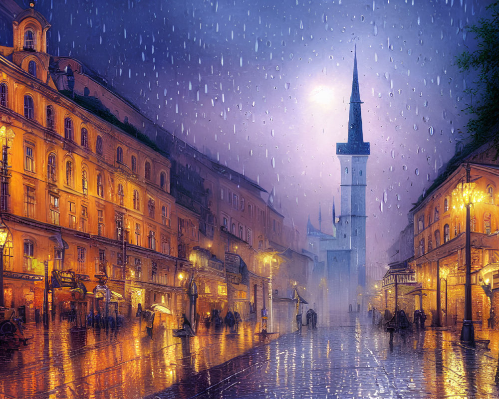 Historic architecture and glowing street lamps on rain-drenched cobblestone street