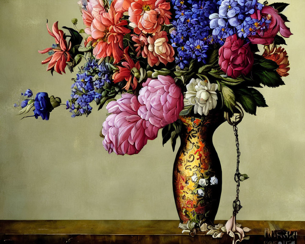 Colorful Flower Bouquet in Ornate Vase on Muted Background