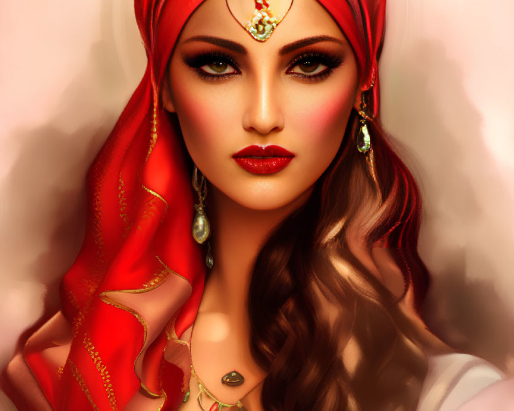 Illustrated portrait of a woman with striking makeup and red headscarf.