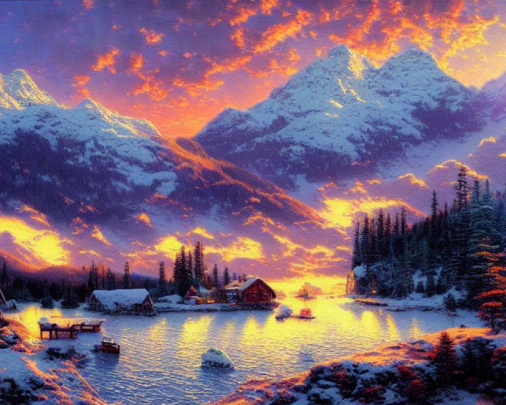 Snow-covered mountain peaks, serene lake, village, pine trees, orange and purple sunset skies