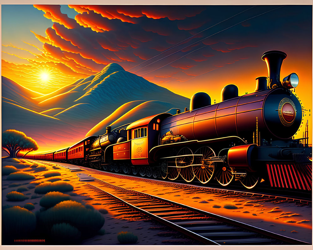 Vintage steam train by mountain under orange sky at sunset