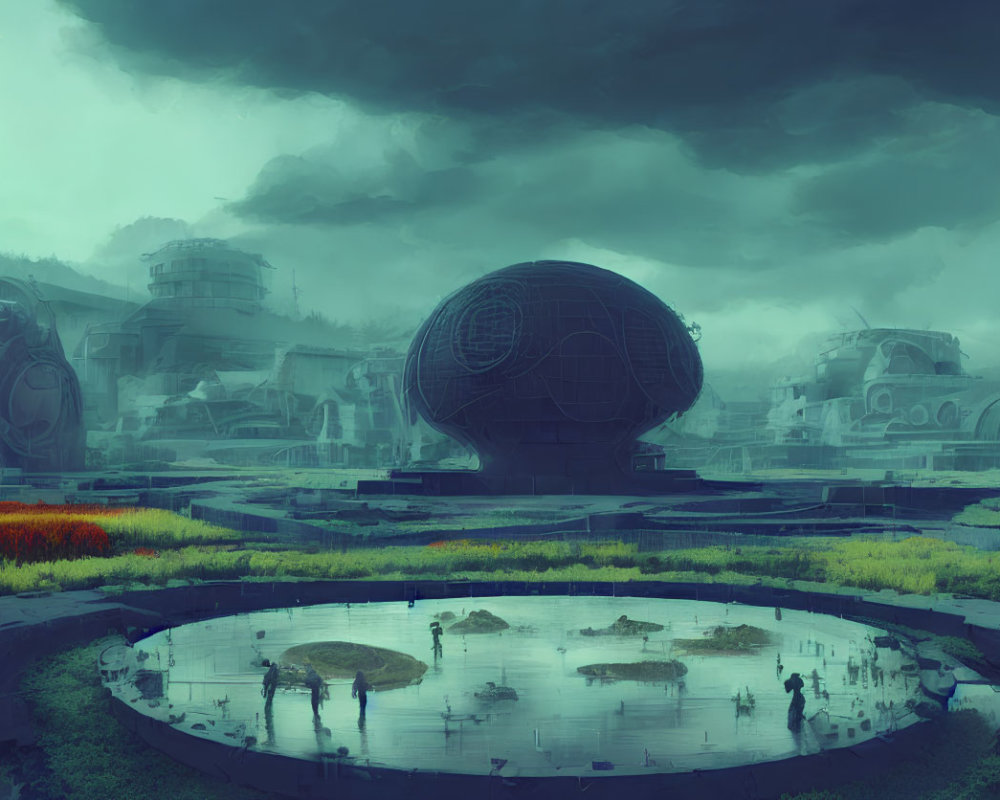 Futuristic cityscape with spherical buildings and overcast skies