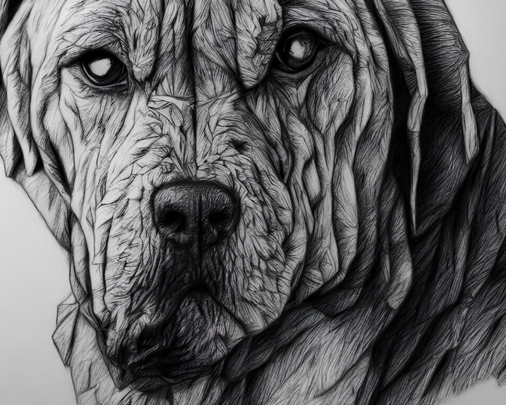 Detailed pencil sketch of intense mastiff with deep-set eyes & wrinkled fur