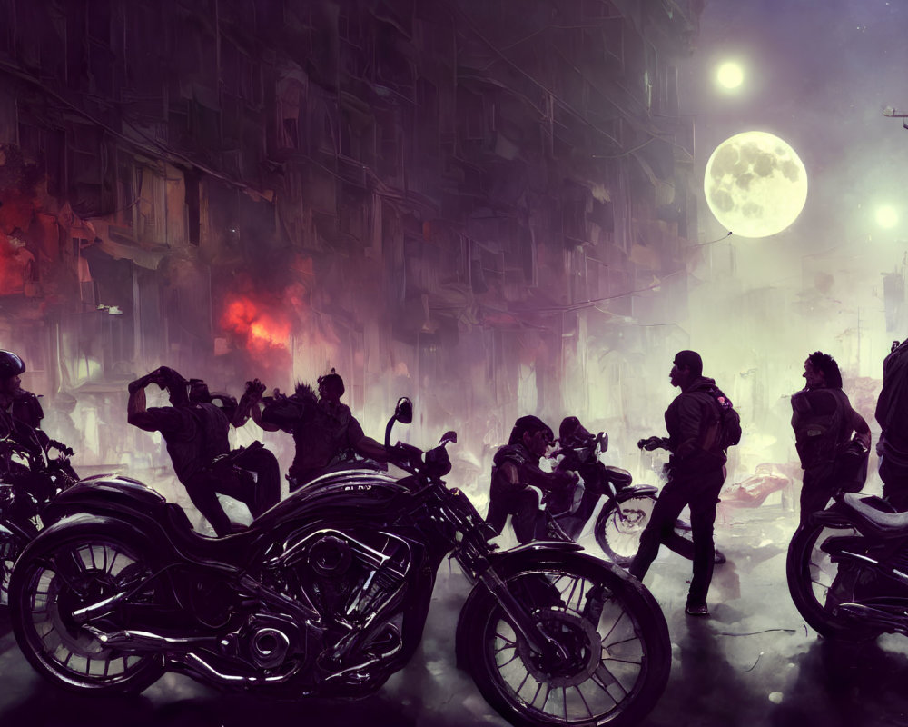 Group of people on motorcycles in foggy urban night scene under full moon