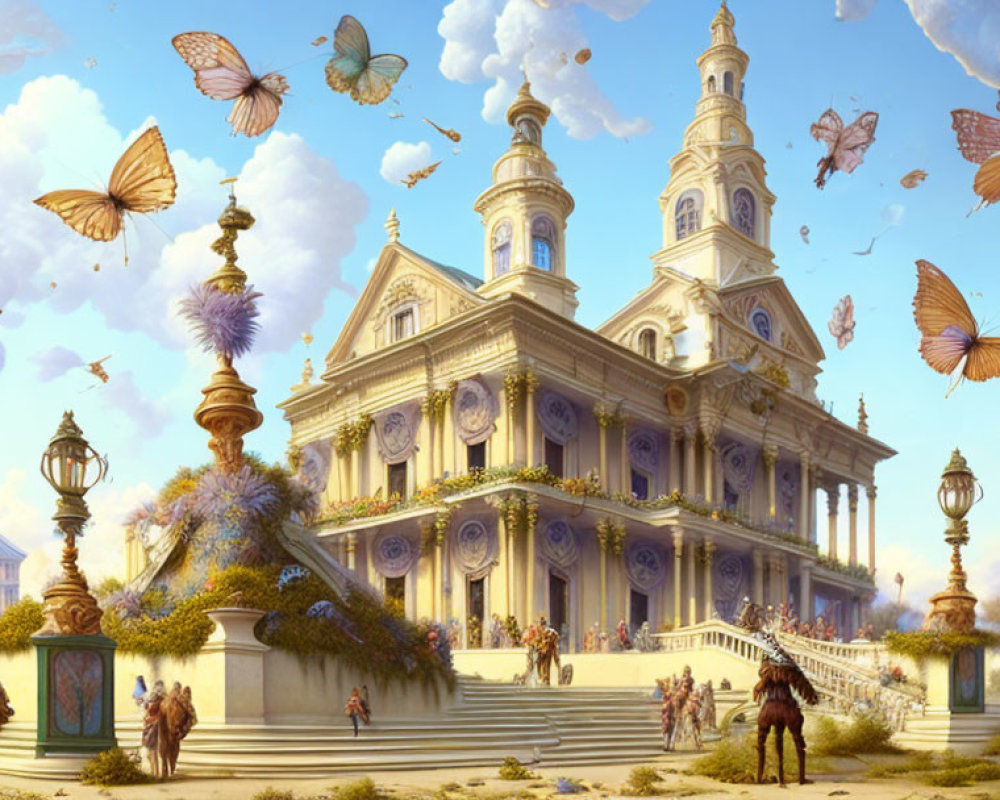 Neoclassical building with ornate columns, people, butterflies, clear sky