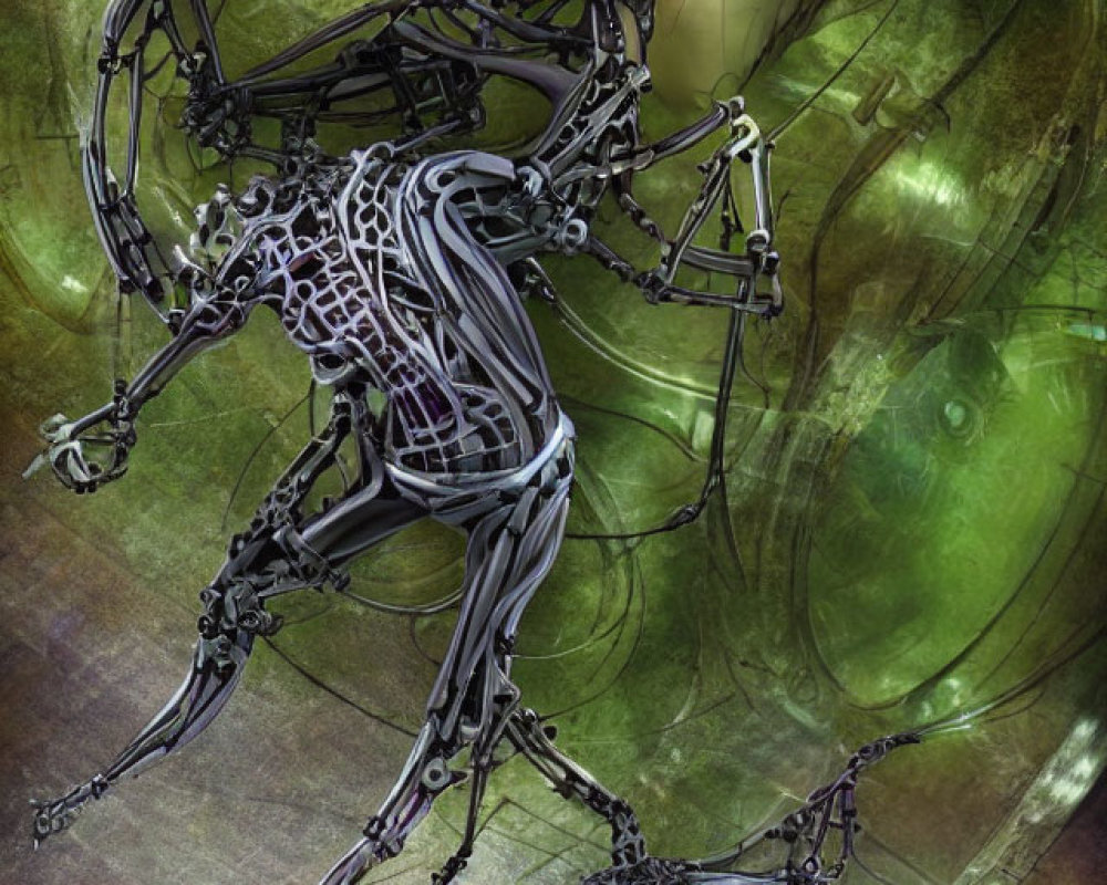 Biomechanical creature with metal tendrils on green background