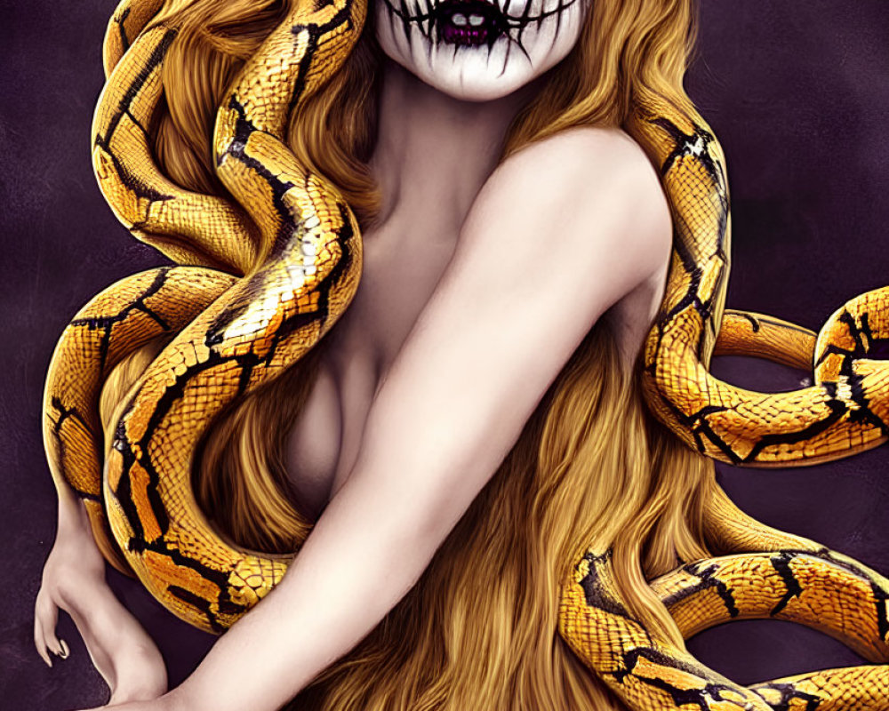 Woman with skull-like makeup and golden snakes in hair, resembling Medusa.