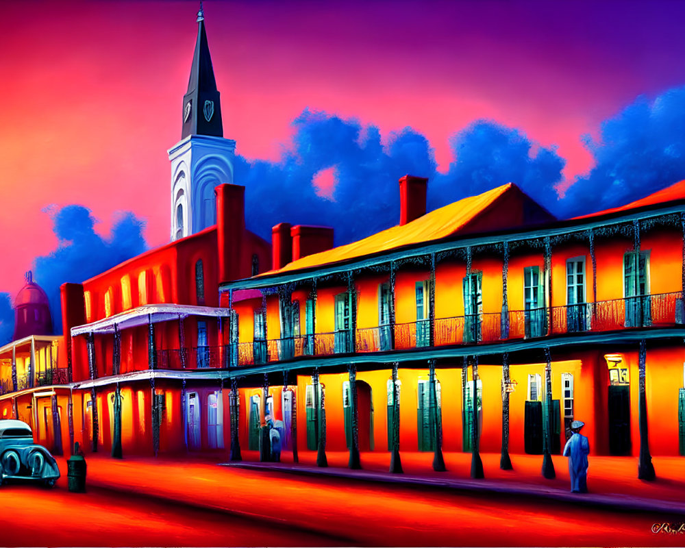 Colorful painting of old-fashioned street with vintage car, people, and church spire at dusk