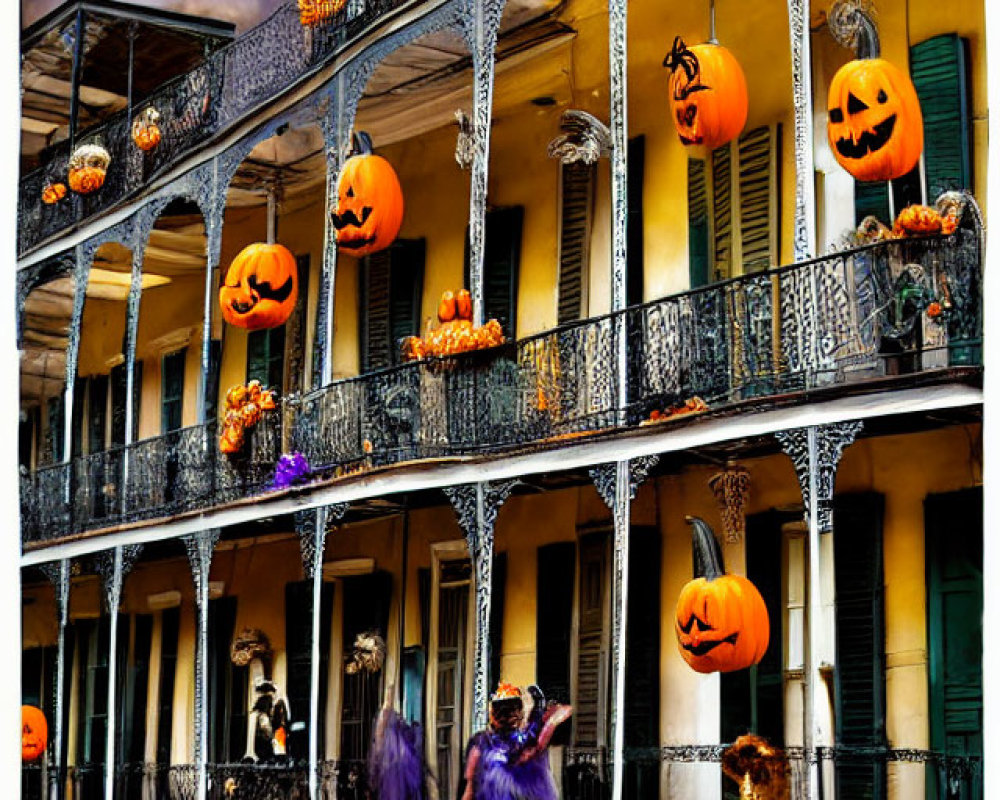 Ornate Iron Balconies Decorated with Halloween Pumpkins