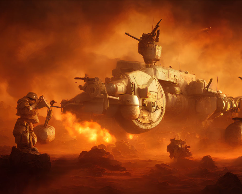 Dystopian soldier in battered armor confronts massive tank in fiery wasteland